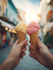 Two Hands Holding Ice Cream Cones on a Sunny Street Featuring a Yellow and a Pink Scoop Enjoying a Sweet Treat on Vacation Blurred Background