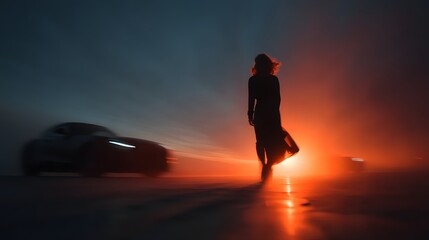 Silhouetted Woman Walking at Sunset Cars Blurred Motion Dramatic Lighting