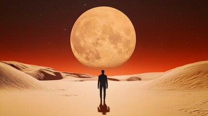 Solitary Figure in Desert Landscape with Giant Orange Moon at Night