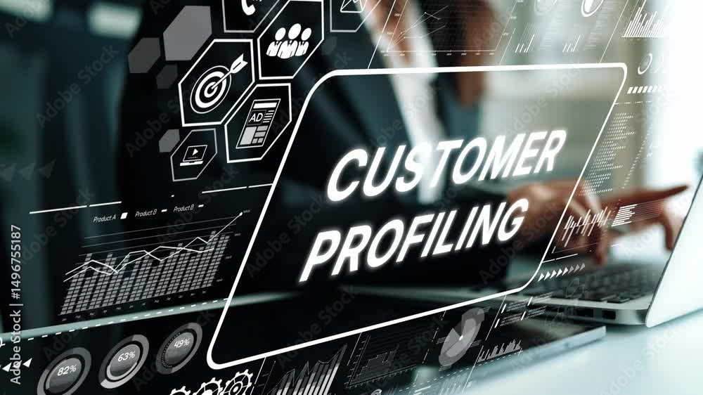 Poster Professional Businessman Engaged in Customer Profiling with Digital Analytics and Data Visualization Graphics in a Modern Office Environment. Asymptotic smart data analytic.