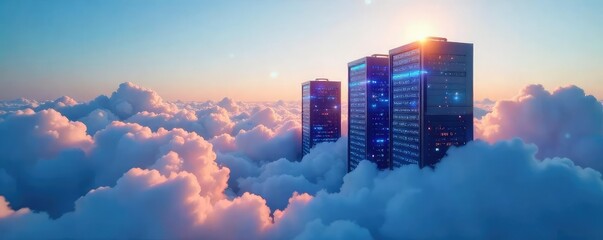 Abstract digital representation of interconnected data servers floating in a cloudy sky, symbolizing secure cloud storage and data accessibility , security, network security, information technology