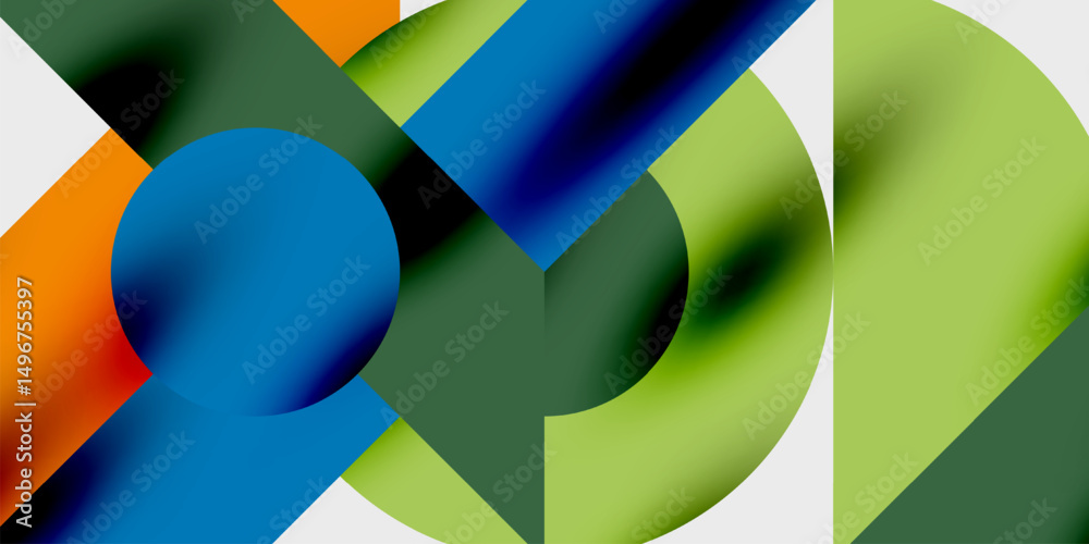 Poster Abstract composition. Geometric shapes overlap, creating vibrant color blends. Modern design, dynamic visual experience.