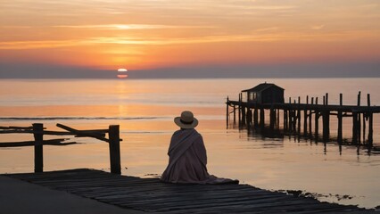 Fototapeta premium Peaceful Sunset View with Person at Wooden Dock Near Calm Water, overlooking tranquil waters and a wooden jetty extending into the sea, evoking feelings of relaxation, and solitude