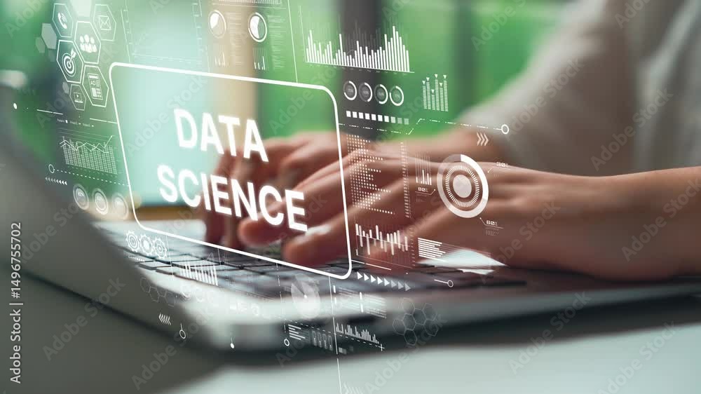 Poster Hands Typing on Laptop with Digital Data Science Graphics and Visualizations in Modern Office Setting. Asymptotic smart data analytic.