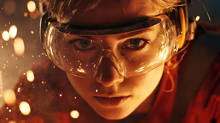 Person Wearing Safety Goggles with Sparks in the Background