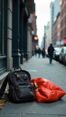 Obraz premium A lone figure's belongings, a tattered backpack and a sleeping bag, sit discarded on a city sidewalk, symbolizing urban homelessness and its harsh realities , need, support, shadow