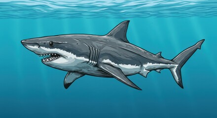 Great white shark swimming underwater, ocean predator illustration