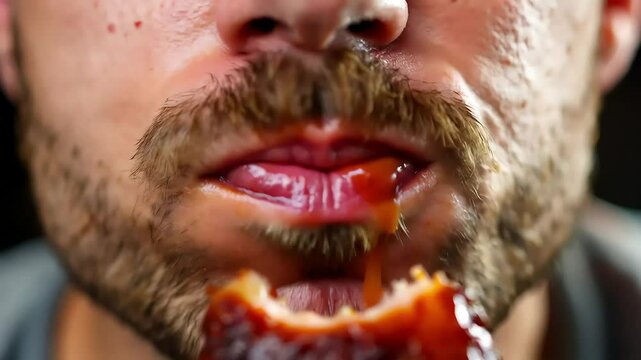 Slow motion shot of someone biting into BBQ ribs, with juices dripping down the chin