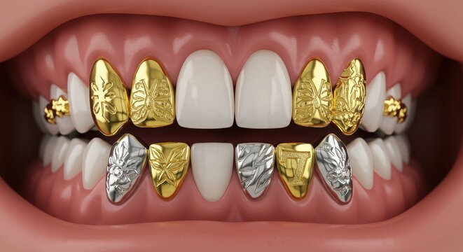 Mouth with golden and silver teeth grills