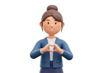 3D Illustration of Cartoon woman making heart shape with hands isolated on white background