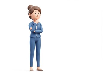 3D Illustration of Cartoon woman in blue suit is thinking isolated on white background