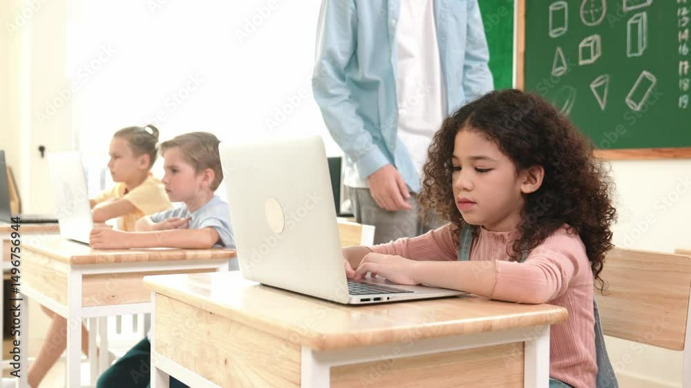 Poster caucasian teacher helping american student coding engineering prompt while diverse student using sof