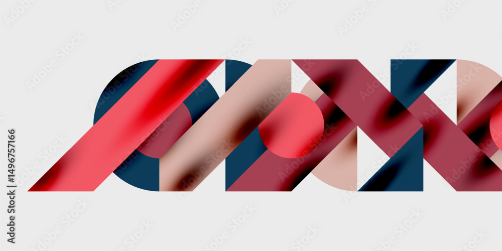 Poster Abstract geometric shapes overlap, creating dynamic red, pink, navy composition. Minimalist design with blurred edges.