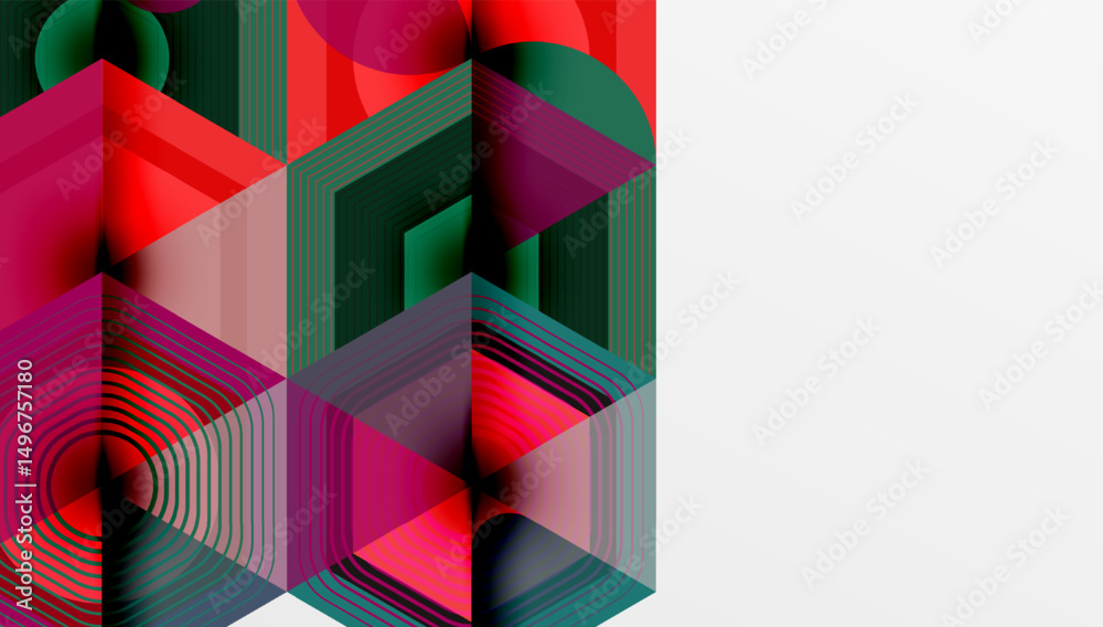 Poster abstract geometric composition. lines create illusion depth, vibrant colors dominate design. modern 