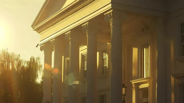 Neoclassical government building with ionic columns glows in the sun. Women in Diplomacy