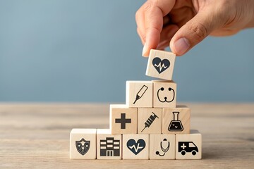 Hand Stacking Wooden Medical Icon Blocks on Table with Soft Neutral Background