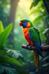 A vibrant parrot perched on a branch, asleep amidst lush tropical foliage, dreaming of exotic adventures The soft light creates a serene, whimsical atmosphere , tranquility, sleeping bird, rest