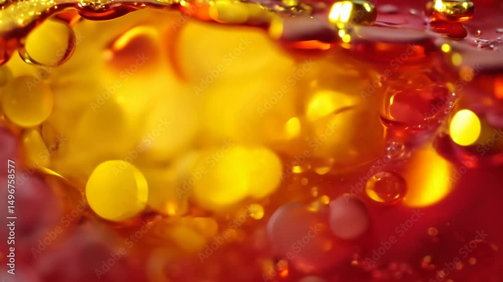 Aufkleber Dynamic drops of yellow glitter in red oil or ink diffusing through liquid, creating an abstract syrup swirls
