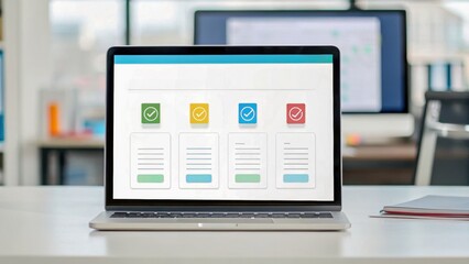 Laptop displaying a user interface with colorful icons and forms, set on a modern workspace desk with additional screens in the background.