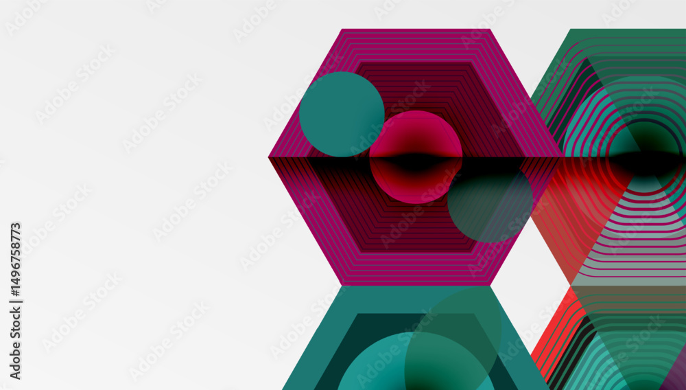 Poster Abstract geometric composition. Hexagons, circles overlap creating vibrant visual effect. Modern design, clean lines, bold colors present.