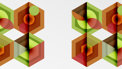 Geometric patterns, hexagons, optical illusion. Warm colors dominate design, creating depth, symmetry. Abstract shapes intersect, forming complex visuals.
