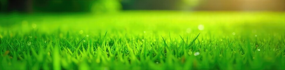 Fototapeta premium A vibrant green lawn, freshly cut and glistening with morning dew, sunlight illuminating its lush texture Perfect for summer, nature, or outdoor themes , growth, tranquility, bright