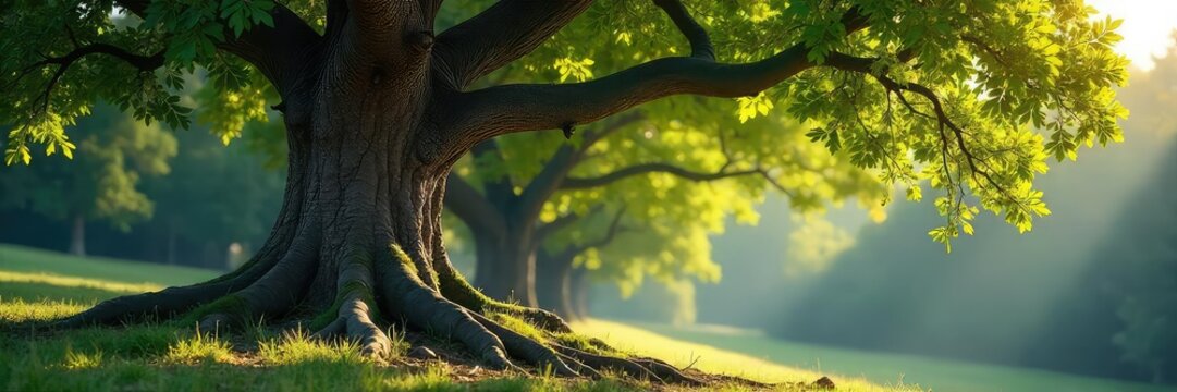 A well-established business, symbolized by a sturdy oak tree with deep roots, signifying stability, longevity, and growth in the corporate world ,  sustainability,  prosperity