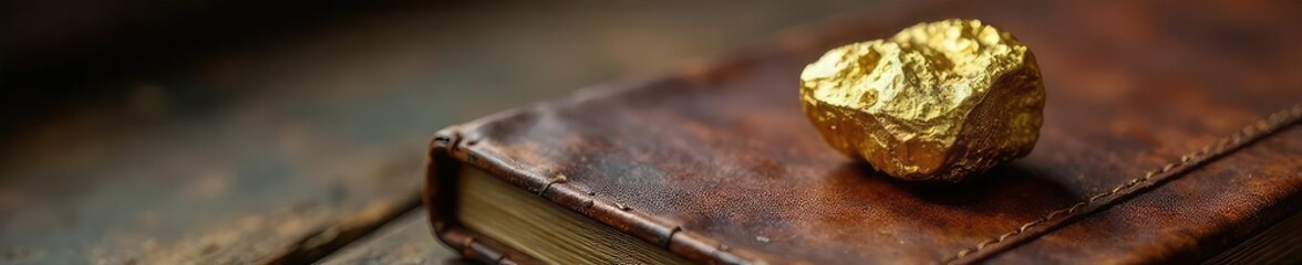 Close-up of a gold nugget resting on a worn leather-bound journal, representing wealth, prosperity, and the value of written records , writing, texture