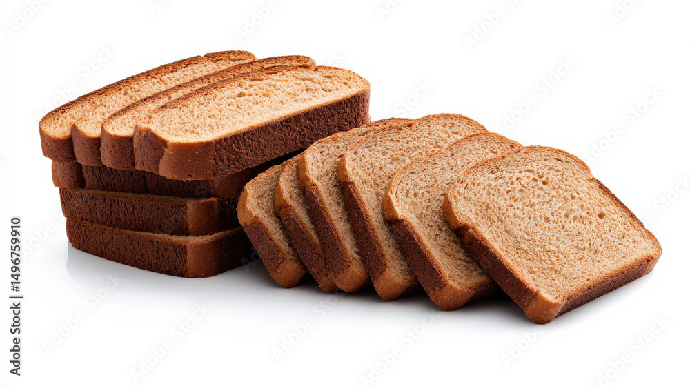 Poster Slices of whole wheat bread are neatly stacked, showcasing their texture and color. bread appears fresh and ready for consumption, ideal for sandwiches or toast