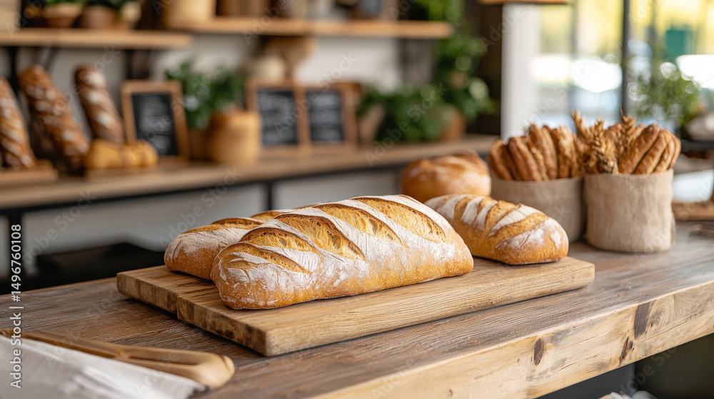 Poster freshly baked artisan bread with golden crusts sits on wooden table in cozy bakery, surrounded by ru