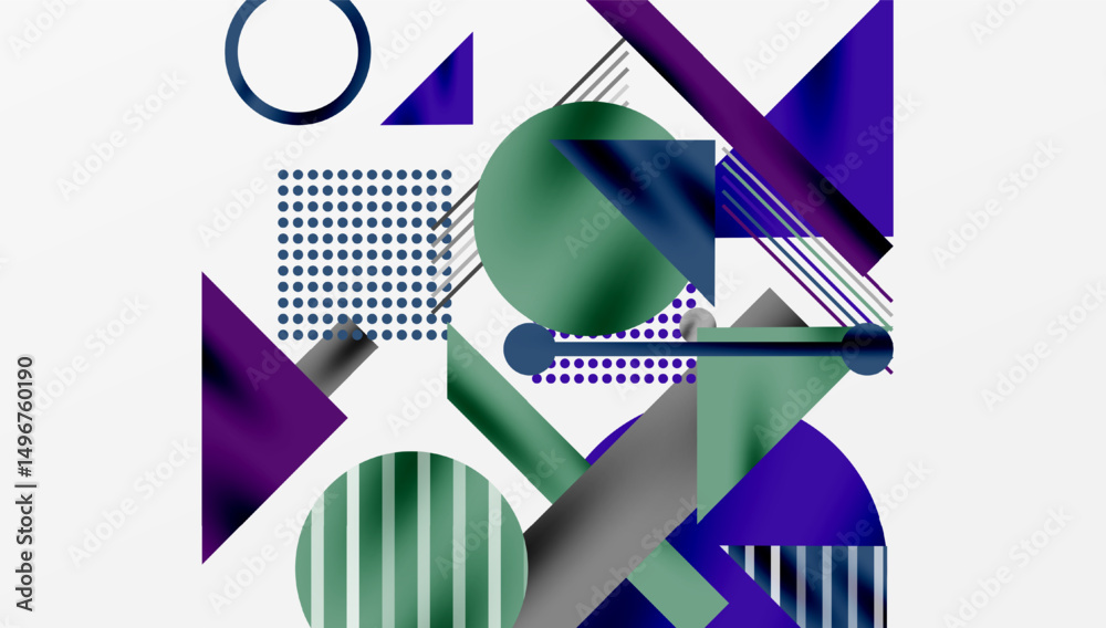 Poster Abstract geometric composition. Shapes overlap, creating dynamic visual interest. Purple, green, gray dominate design. Modern aesthetic.