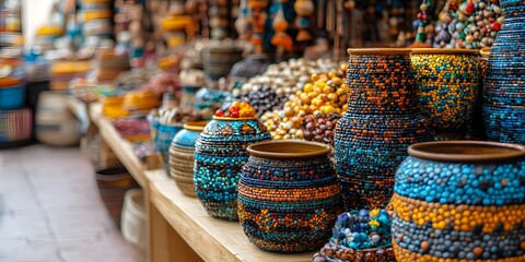 Fototapeta premium Vibrant Beaded Pottery at a Lively Market