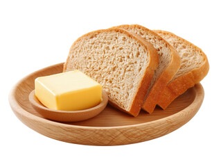 Slices of whole wheat bread with butter on a wooden plate, simple breakfast concept