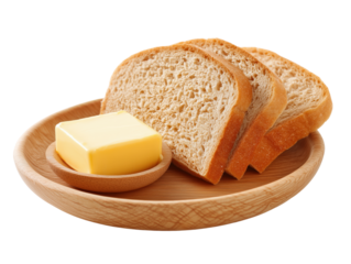 Slices of whole wheat bread with butter on a wooden plate, simple breakfast concept