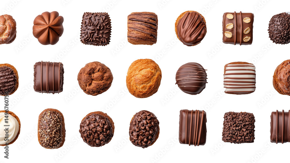 Poster variety of delicious pastries and chocolates are arranged neat rows, showcasing different textures a