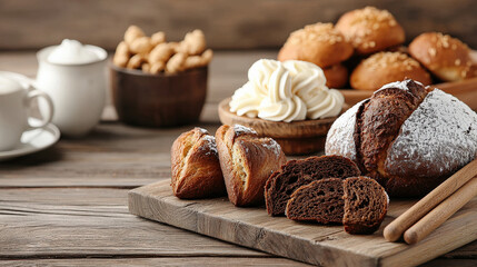 Fototapeta premium Variety of freshly baked bread and pastries, including chocolate loaf and croissants, are displayed on wooden board. Whipped cream and nuts are in background, creating cozy bakery atmosphere