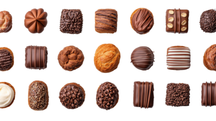 Variety of delicious pastries and chocolates are arranged neat rows, showcasing different textures and designs. assortment includes chocolate covered treats, nut topped delights, and intricately
