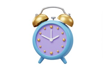 3D Illustration of Blue and purple alarm clock with gold accents isolated on white background