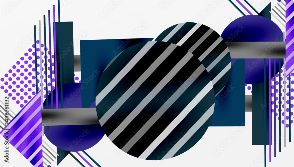 Poster abstract composition. geometric shapes overlap, creating dynamic visual effect. purple, gray, navy d