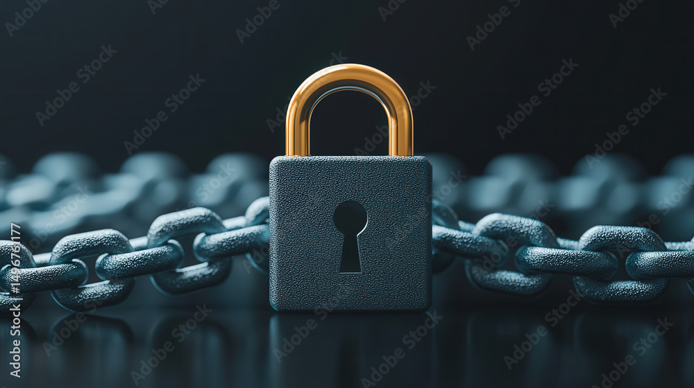 Poster Golden padlock secures chain, symbolizing strong security and protection against cyber threats. image highlights importance of safeguarding information and ensuring business continuity