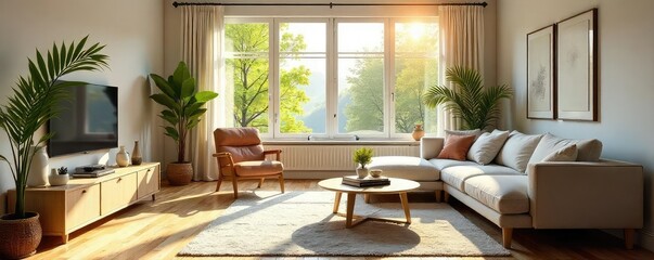Cozy and bright living room interior with comfortable furniture, large windows, and natural light streaming in, creating a relaxed and inviting atmosphere , lamp, mantelpiece