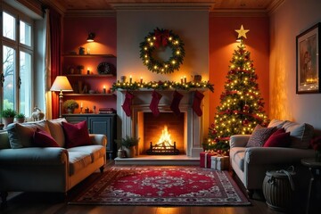 Cozy living room decorated for the holidays with a warm and inviting atmosphere, featuring a fireplace, Christmas tree, and festive decor , sofa, comfort