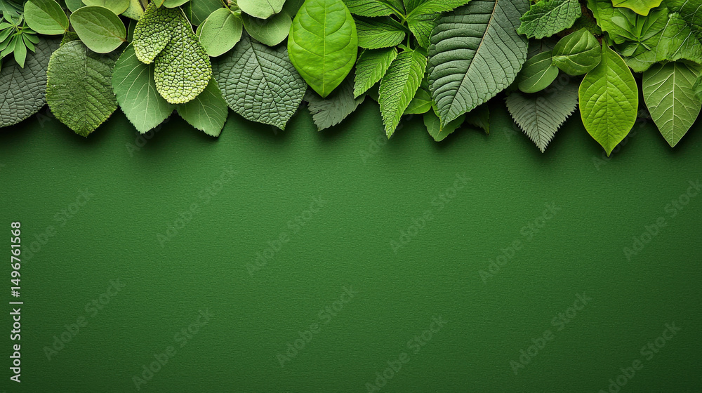 Poster variety of green leaves arranged in row on textured green background, creating natural and fresh atm