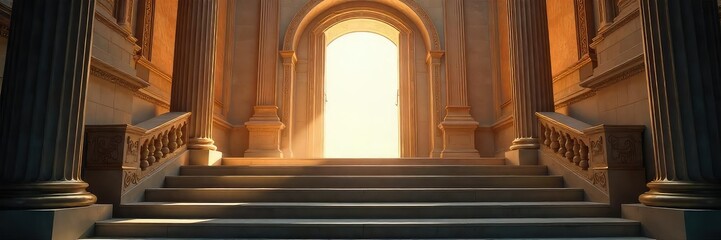 Dramatic Hollywood-style staircase ascending towards a bright, open doorway Perfect for luxury, elegance, and success concepts Grand architecture, cinematic lighting , white, hollywood, staircase
