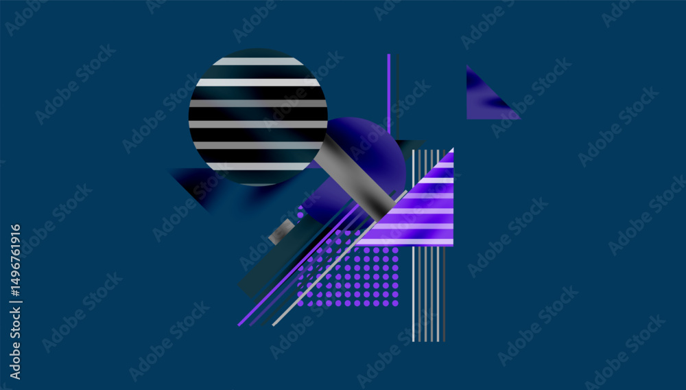 Poster abstract composition featuring geometric shapes, stripes, purple hues, dark background. modern desig
