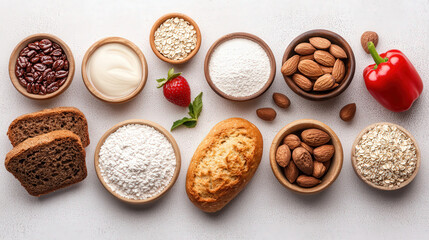 Variety of healthy ingredients including almonds, oats, and whole grain bread are arranged on white surface, showcasing rise of functional ingredients in baked goods