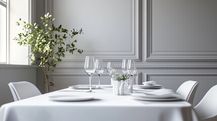 Dining table with elegant white tablecloth in refined room interior
