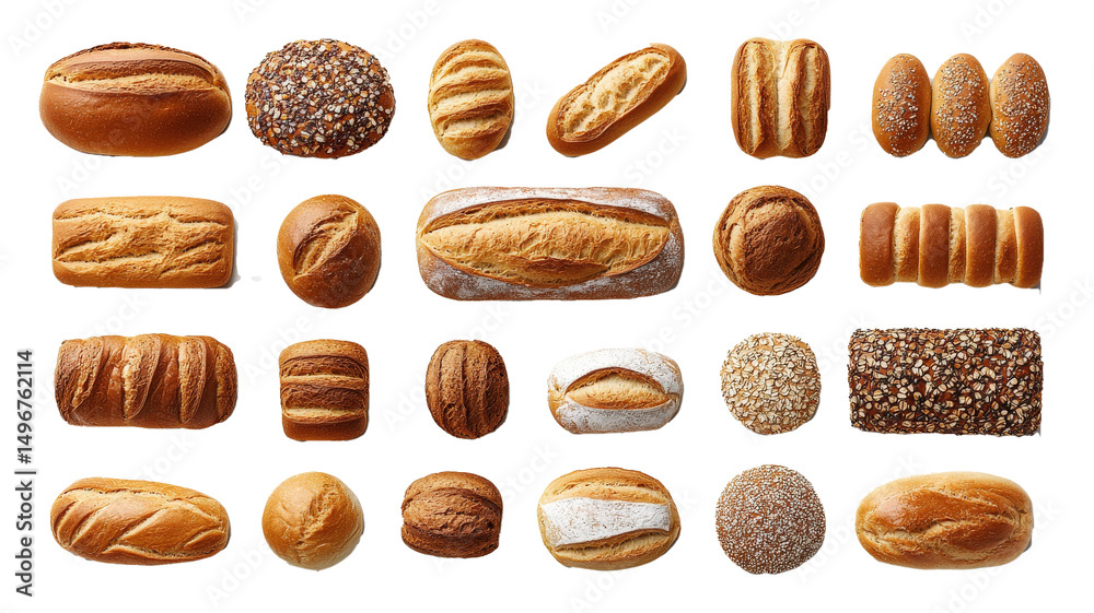 Poster Assorted bread loaves and rolls are displayed showcasing variety of textures and grains. selection includes whole grain seeded and crusty options highlighting diversity bakery products