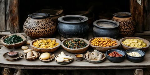 Fototapeta premium A Rustic Feast: Traditional Dishes Served in Earthenware Bowls and Pots