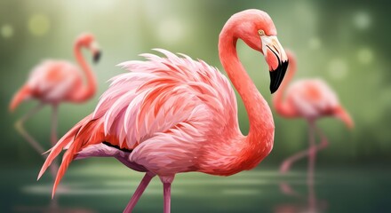 Obraz premium Elegant pink flamingo wading in a tranquil shallow pond illustration